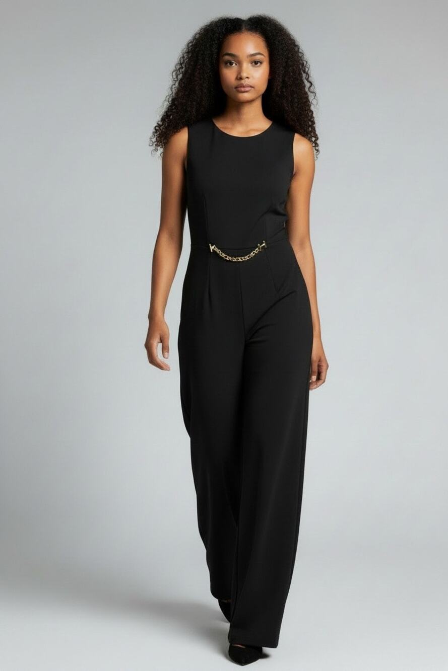 NWT Halston Women’s Wide Leg Black Jumpsuit Gold Chain Size 10 Classic Career